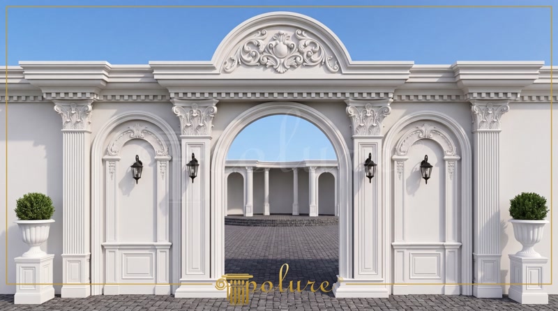 Neo klasik üslupta tasarlanmış dış cephe kapı portalı, poliüretan pilaster sütunlar ve kavisli kemer söve modelleri.