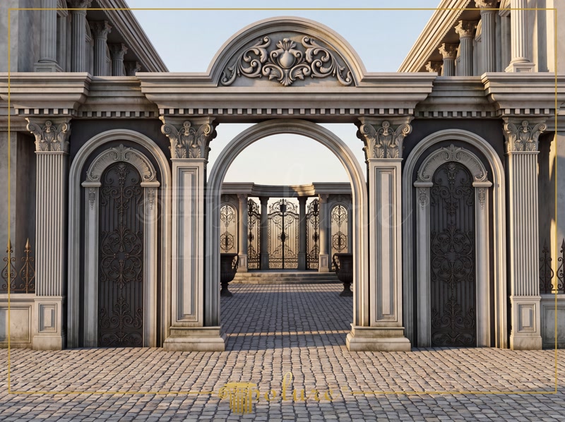 Poliüretan pilaster sütunlar ve kavisli kemer taç modelleri ile tasarlanmış neo klasik dış cephe giriş portalı.