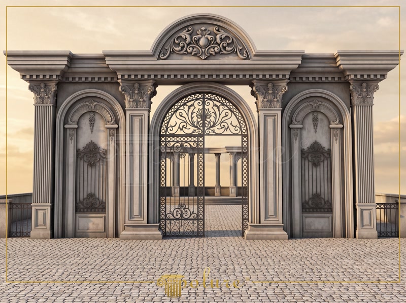 Poliüretan pilaster sütun, kavisli kemer sövesi ve dekoratif taç modelleriyle oluşturulmuş dış cephe kapısı.